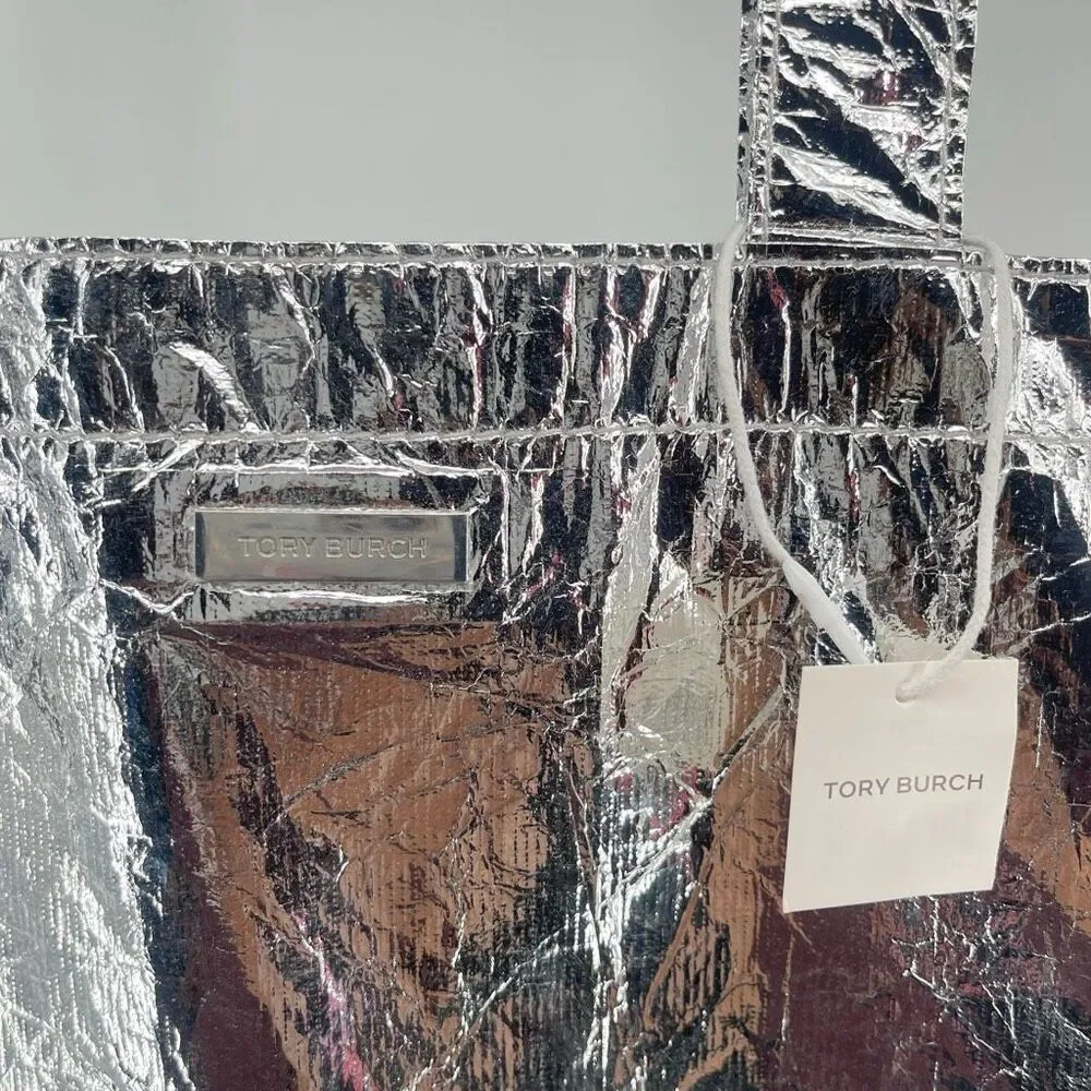 Tory Burch Metallic Silver Tote Bag NWT Crinkle Foil Statement Shopper 14x14